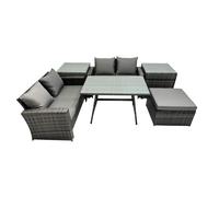 Fimous 5 Seater Wicker Pe Rattan Furniture Outdoor Dining Table Double Seat Sofa Big Stool 2 Side Table Set Dark Grey Mixed