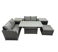 FIMOUS Rattan Garden Set - 5-Seater, Adjustable Rising Table, Big Stool & 2 Side Tables, Dark Grey
