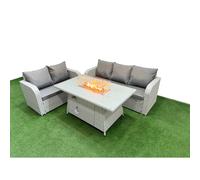 Fimous 5 Seater PE Rattan Wicker Garden Furniture Patio Conservatory Sofa Set with Fire Pit Dining Table 3 Seater Sofa Love Sofa