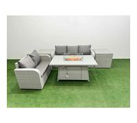Fimous 5 Seater PE Rattan Wicker Garden Furniture Patio Conservatory Sofa Set with Fire Pit Dining Table 3 Seater Sofa Love Sofa 2 Side Table