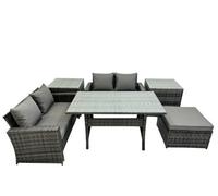 Fimous 5 Seater Wicker Pe Rattan Furniture Outdoor Dining Table Double Seat Sofa 2 Side Table Big Stool Set Dark Grey Mixed