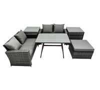 Fimous 5 Seater Wicker PE Rattan Furniture Outdoor Dining Table Double Seat Sofa Big Stool 2 Side Table Set Dark Grey Mixed