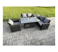 Fimous 5pcs Rattan Outdoor Garden Furniture Set Height Adjustable Rising Lifting Table Sofa Dining Set with Side Table Dark Grey Mixed