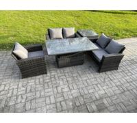 Fimous 5Pcs Rattan Outdoor Garden Furniture Set Height Adjustable Rising Lifting Table Sofa Dining Set With Side Table