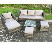 Fimous 6 PCS Outdoor Lounge Sofa Set Wicker PE Rattan Garden Furniture Set with Armchair Square Coffee Table 3 Small Footstools Dark Grey Mixed