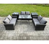 Fimous 6 PCS Outdoor Lounge Sofa Set Wicker PE Rattan Garden Furniture Set with Rectangular Dining Table Love Seat Sofa Dark Grey Mixed