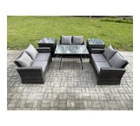 Fimous 6 PCS Outdoor Lounge Sofa Set Wicker PE Rattan Garden Furniture Set with Rectangular Dining Table Love Seat Sofa 2 Side Tables Dark Grey Mixed