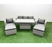 Fimous 6 PCs Rising Dining Table Set Rattan Furniture Set with 3 Seater Sofa Chair 2 Big Footstools Light Grey