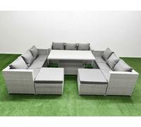 Fimous 6 Pcs Rising Dining Table Set Rattan Furniture Set With 3 Seater Sofa 2 Big Footstool Light Grey