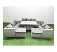 Fimous 6 PCs Rising Dining Table Set Rattan Furniture Set with 3 Seater Sofa 2 Big Footstool Light Grey