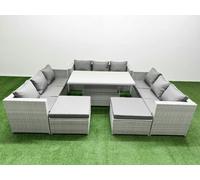 Fimous 6 PCs Rising Dining Table Set Rattan Furniture Set with 3 Seater Sofa 2 Big Footstool Light Grey