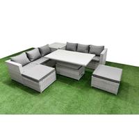 Fimous 6 Pcs Rising Dining Table Set Rattan Furniture Set With 3 Seater Sofa 2 Big Footstools Side Table Light Grey