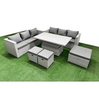 Fimous 6 Pcs Rising Dining Table Set Rattan Furniture Set With 3 Seater Sofa 2 Small Footstools Big Footstool Light Grey