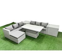 6 PCs Rising Dining Table Set Rattan Furniture Set with 3 Seater Sofa Fimous Light Grey One Size
