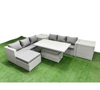 Fimous 6 Pcs Rising Dining Table Set Rattan Furniture Set With 3 Seater Sofa Big Footstool 2 Side Tables Light Grey