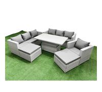 Fimous 6 PCs Rising Dining Table Set Rattan Furniture Set with 3 Seater Sofa Chair 2 Big Footstool Light Grey