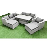 Fimous 6 Pcs Rising Dining Table Set Rattan Furniture Set With 3 Seater Sofa Chair 2 Big Footstool Light Grey