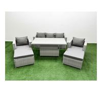 Fimous 6 PCs Rising Dining Table Set Rattan Furniture Set with 3 Seater Sofa Chair 2 Big Footstools Light Grey