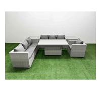 Fimous 6 PCs Rising Dining Table Set Rattan Furniture Set with 3 Seater Sofa Chair 2 Side Tables Light Grey
