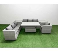 Fimous 6 Pcs Rising Dining Table Set Rattan Furniture Set With 3 Seater Sofa Chair 2 Side Tables Light Grey