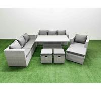 6 PCs Rising Dining Table Set Rattan Furniture Set with 3 Seater Sofa Fimous Light Grey One Size