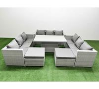 Fimous 6 PCs Rising Dining Table Set Rattan Furniture Set with 3 Seater Sofa in Light Grey Fimous Light Grey