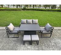Fimous 6-Piece Aluminium Garden Furniture Sets 7 Seater Outdoor Sofa Set with Adjustable Rising Lifting Dining Table 2 Chairs 2 Small Footstools