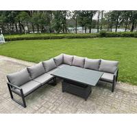 Fimous 6 Piece L-shaped Garden Furniture Set 7-Seater Aluminium Outdoor Dining Set with Adjustable Rising Lifting Dining Table Dark Grey