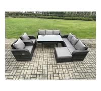 Fimous 6 Piece Rattan Garden Furniture Set with Patio Sofa Rectangular Dining Table Big Footstool Indoor Conservatory Patio Set