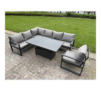 Fimous 6 Pieces Aluminium Garden Furniture Sets with Adjustable Rising Lifting Dining Table 7 Seater Corner Sofa Set Dark Grey