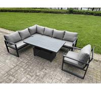 Fimous 6 Pieces Aluminium Garden Furniture Sets with Adjustable Rising Lifting Dining Table 7 Seater Corner Sofa Set Dark Grey