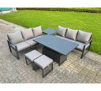 Fimous 6 Pieces Garden Furniture Set Aluminium Adjustable Rising Lifting Dining Table And Sofa Set With Side Table 2 Small Stools