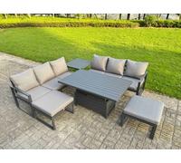 Fimous 8 Seater Aluminium Garden Furniture Set with Adjustable Rising Dining Table, 2 Sofas, Side Table, 2 Footstools - Dark Grey