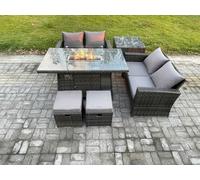 Fimous 6 Pieces Garden Furniture Sets Poly Rattan Outdoor Patio Gas Firepit Dining Table Sofa Set with Side Table 2 Small Footstools