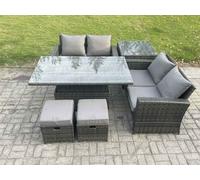 Fimous 6 Pieces Garden Furniture Sets Poly Rattan Outdoor Patio Height Adjustable Rising Lifting Table Sofa Dining Set with Side Table 2 Small Footstools Dark Grey