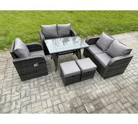 Fimous 6 Pieces Outdoor Garden Dining Sets Rattan Furniture With Dining Table Armchairs Love Sofa 2 Small Footstools Dark Grey Mixed