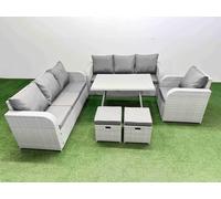 Fimous 6 Pieces Outdoor PE Rattan Garden Furniture with 2 Small Stools in Light Grey Fimous Light Grey