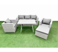 Fimous 6 Pieces Outdoor PE Rattan Sofa Armchair Set Patio Garden Furniture Sets with Cushions Big Stool Light Grey