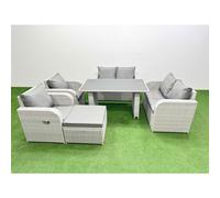 Fimous 6 Pieces Outdoor PE Rattan Sofa Reclining Chair Set Patio Garden Furniture Sets with Cushions Big Stool Light Grey