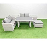 Fimous 6 Pieces Outdoor Pe Rattan Sofa Set Patio Garden Furniture Sets With Cushions 2 Side Tables Big Stool Light Grey