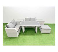 Fimous 6 Pieces Outdoor PE Rattan Sofa Set Patio Garden Furniture Sets with Cushions 2 Side Tables Big Stool Light Grey