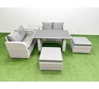 Fimous 6 Pieces Outdoor PE Rattan Sofa Set Patio Garden Furniture Sets with Cushions Side Table 2 Big Stools Light Grey Light Grey