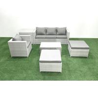 Fimous 6 Pieces Rattan Garden Furniture Set Outdoor Garden Sofa Chair Coffee Table Set with Side Table 2 Big Footstools Light Grey Mixed