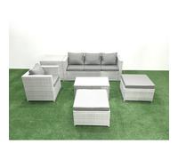 Fimous 6 Pieces Rattan Garden Furniture Set Outdoor Garden Sofa Chair Coffee Table Set with Side Table 2 Big Footstools Light Grey Mixed