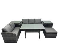Fimous 6 Seat Outdoor Wicker PE Rattan Garden Furniture Set Dining Table Sofa Sets with Big Stool 2 Side Tables Dark Grey Mixed