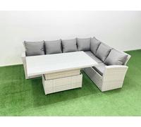 FIMOUS 6 Seat Rattan Garden Corner Sofa Set – Outdoor Adjustable Lifting Table – Light Grey