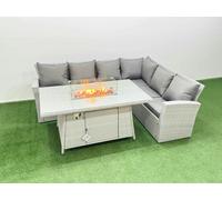 Fimous 6 Seat Rattan Garden Furniture Corner Sofa Set Outdoor Gas Fire Pit Table Set Light Grey