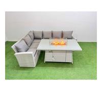 Fimous 6 Seat Rattan Garden Furniture Corner Sofa Set Outdoor Gas Fire Pit Table Sets Light Grey