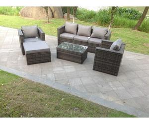 Fimous 6 Seat Rattan Sofa Set Coffee Table Footstool Conservatory Dark Grey Mix