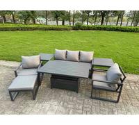 Fimous 6 Seater Aluminium Garden Furniture Set with Adjustable Rising Dining Table, 2 Chairs, Footstool, 2 Side Tables - Dark Grey